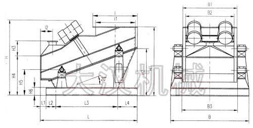 ZSG礦用振動篩外形示意圖：B為礦用振動篩寬度，L為礦用振動篩長度。H為礦用振動篩高度等。
