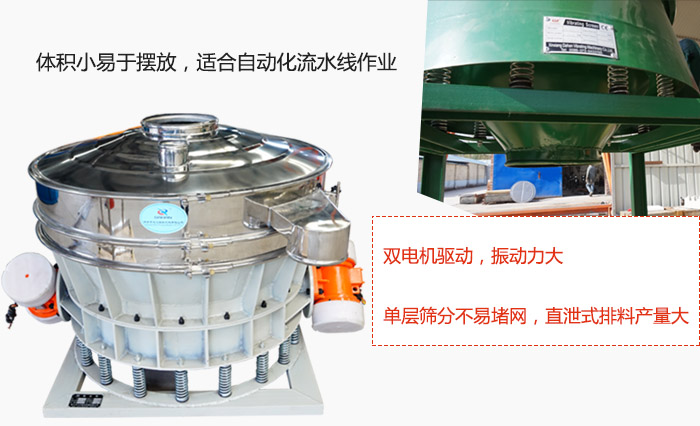 雙電機驅動，振動力大，單層篩分不易堵網，直泄式排料產量大